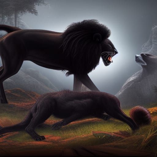 Black Lion Hunting Deer: Fantasy Concept Art