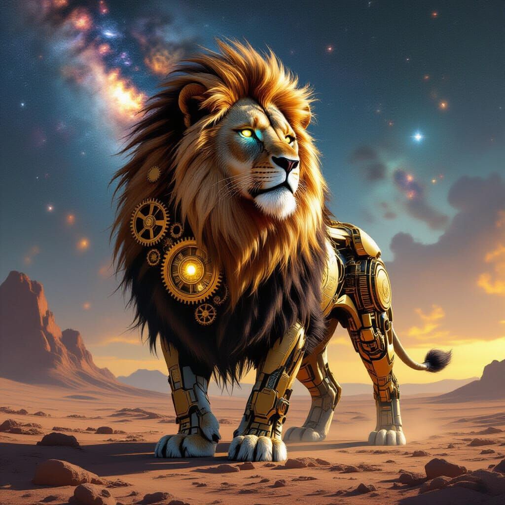 Clockwork Lion on Alien Planet in Nebula Sky