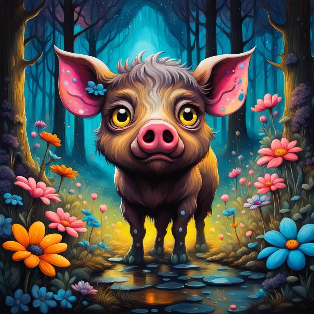 Chibified Boar in Enchanted Forest, Graffiti Art