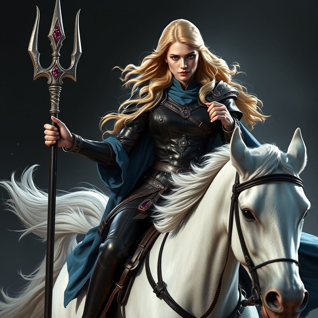 Seductive Warrior Woman Rides a Galloping Horse in a Dramati...