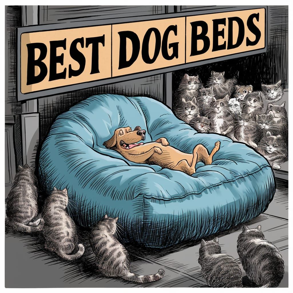 Cartoon: Dog's Luxurious Bed, Envious Cats