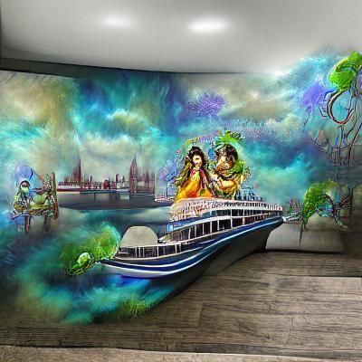 Romantic Radha Krishna Ferry Painting in 3D Acrylic Style