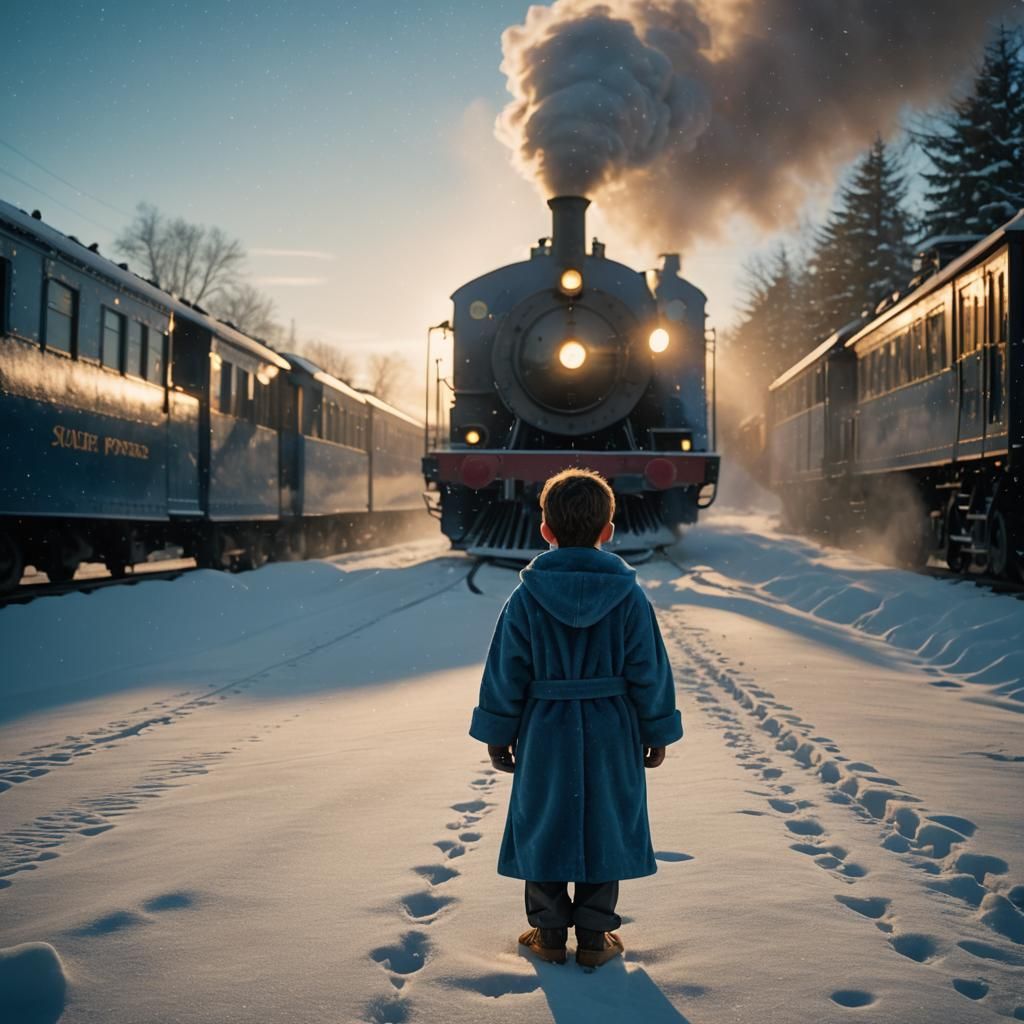 Boy and Polar Express Train in Winter Snow