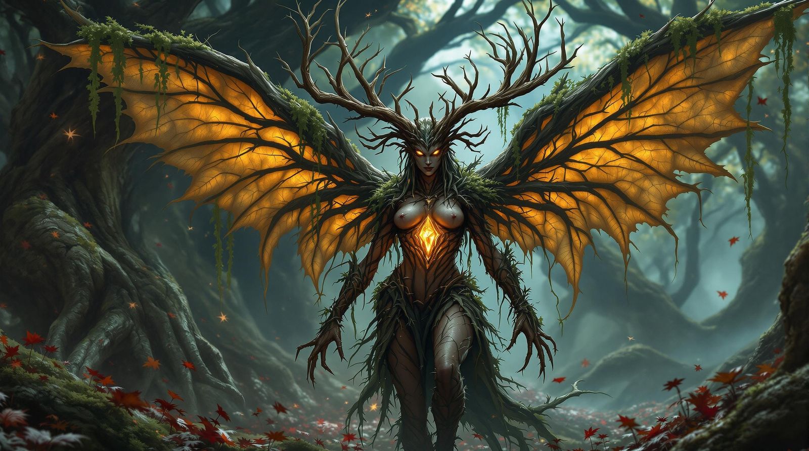 A fearsome, ancient nature fairy with towering stag-antler-l...