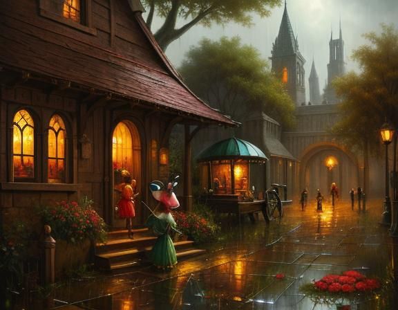 Children's Rainy Day: A Surrealist Fantasy Painting