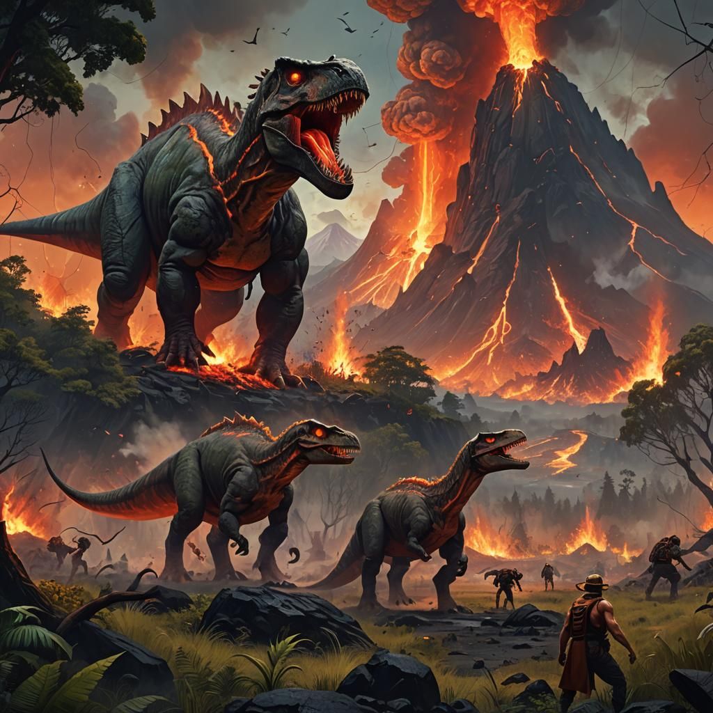 Epic Fantasy Illustration: Primeval Dinosaurs in Volcanic La...