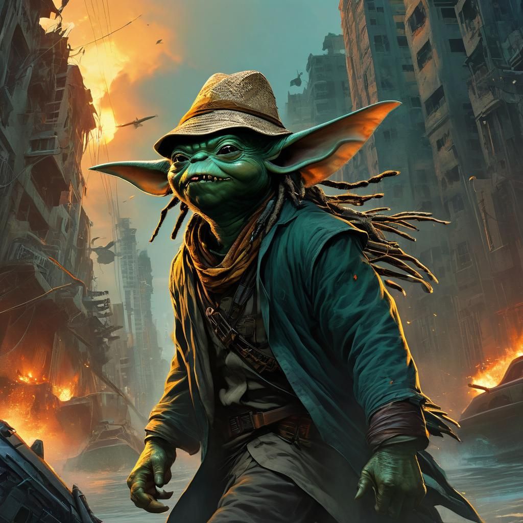 Jamaican Yoda Rides Shark in War Zone: Comic Art
