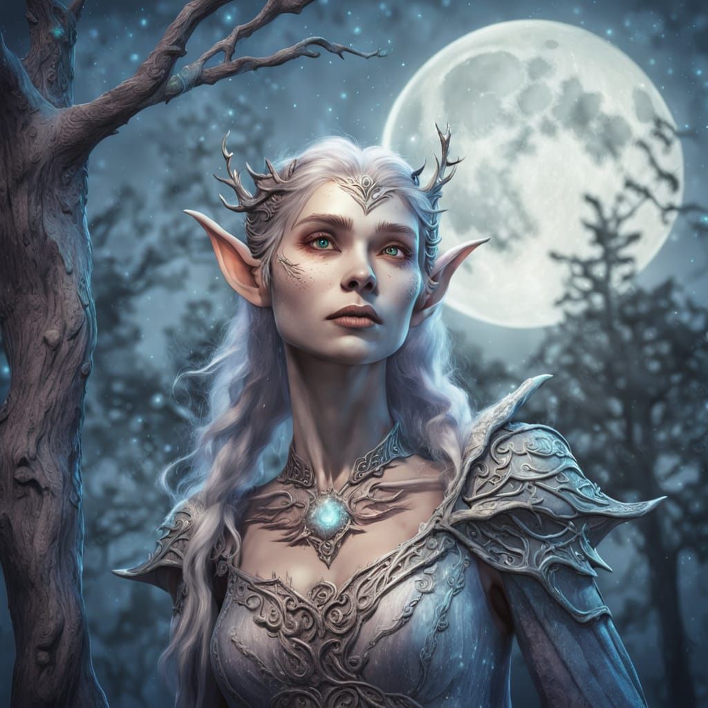 Elf Giantess Under Silver Moon in Dreamy Watercolor Style