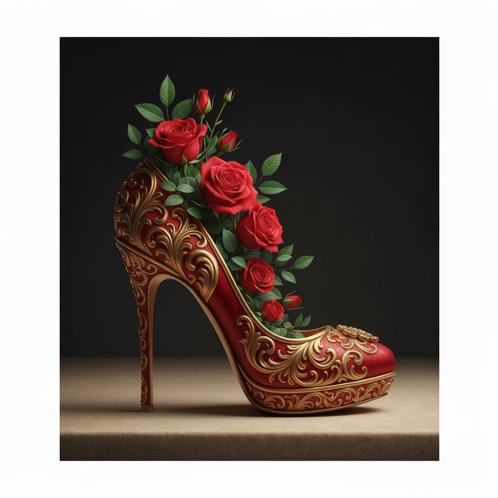 Baroque Red Heels Overflowing With Roses