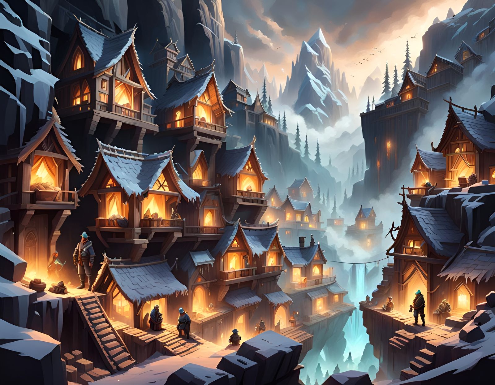 Gothic Mining Village with Miners and Ghosts