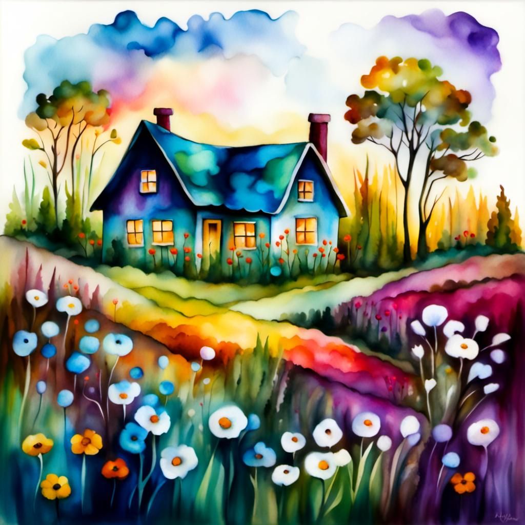 Cottage in Floral Field, Alcohol Ink Illustration