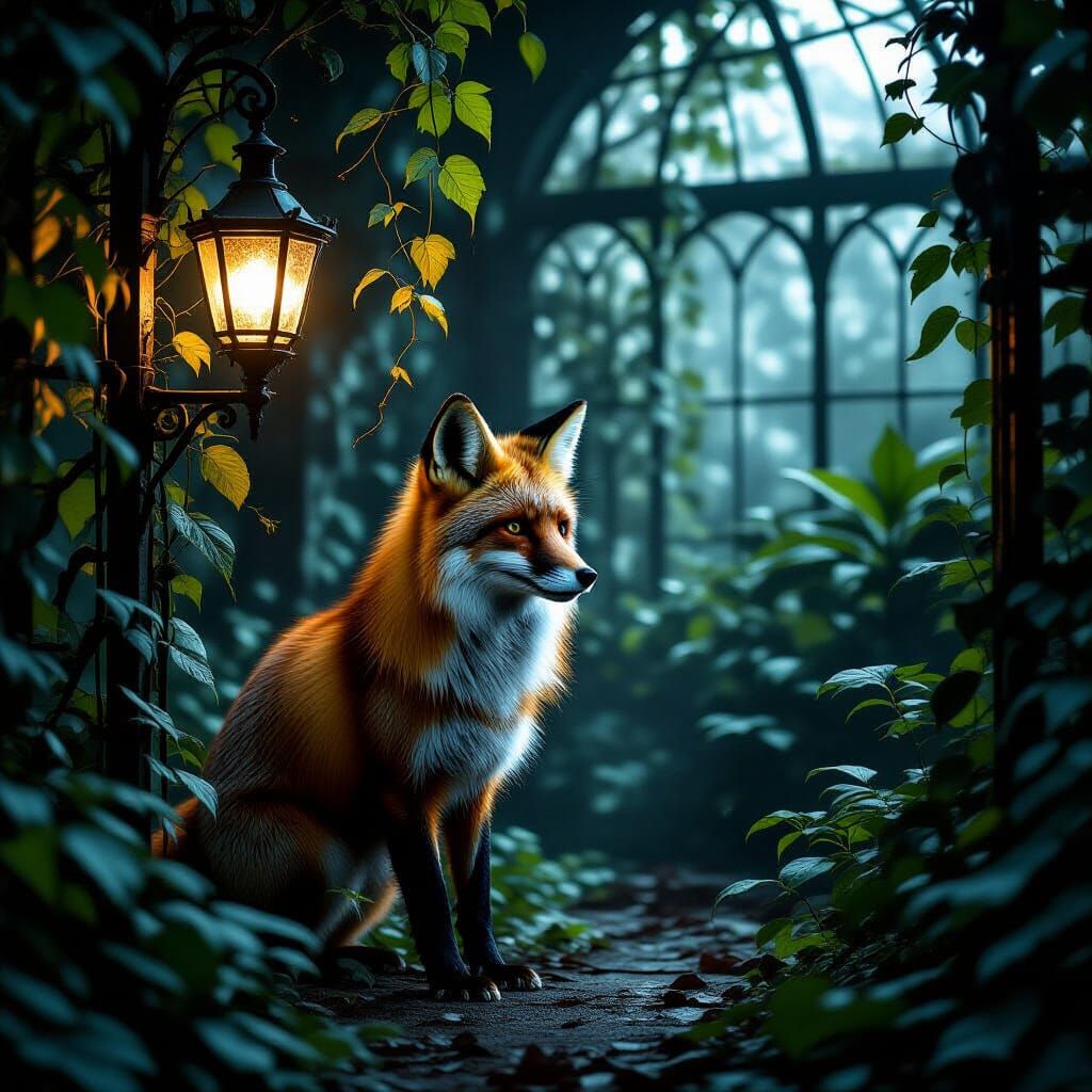 Majestic Fox in Overgrown Victorian Greenhouse