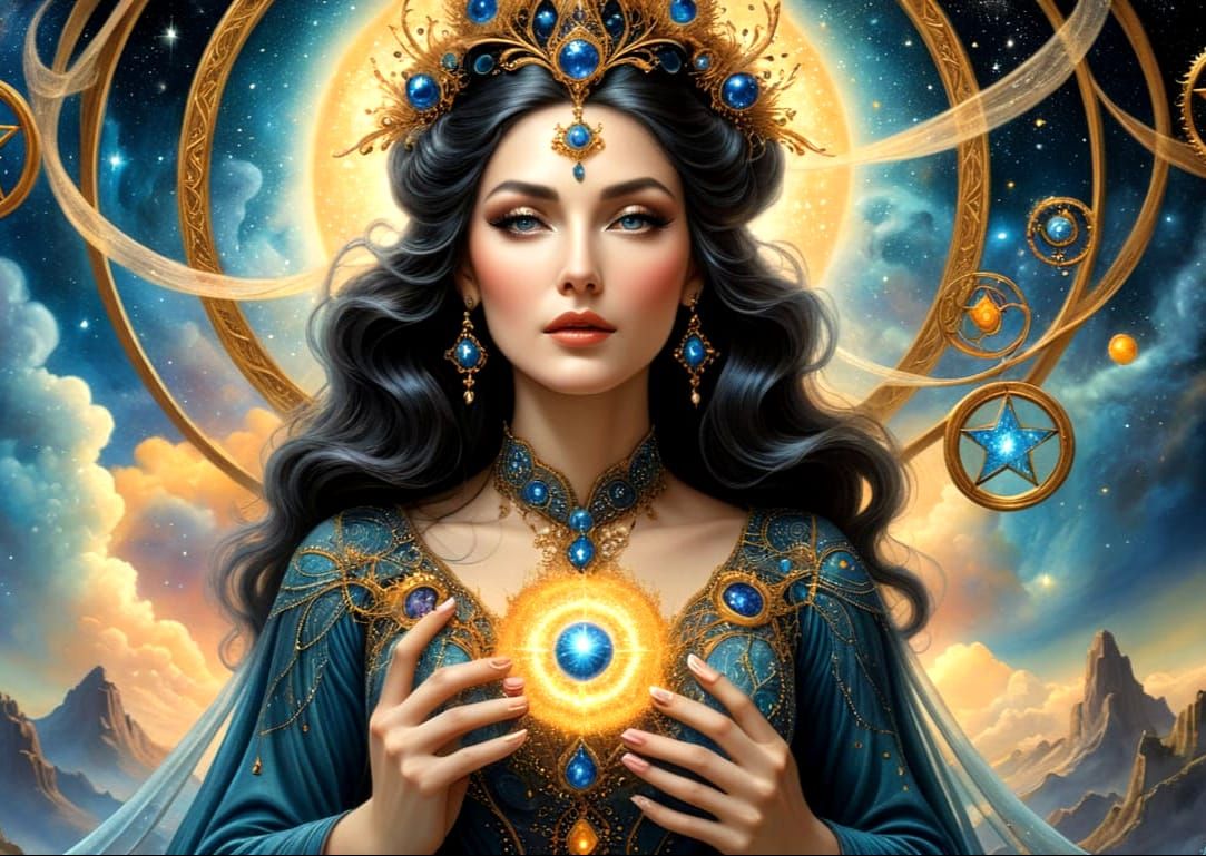 A cosmic woman with long, flowing dark hair adorned with stardust, her eyes reflecting distant galaxies, stands on a pre...