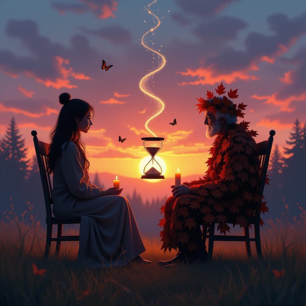 Symbolic Youth and Old Age on Chair with Sunrise to Twilight