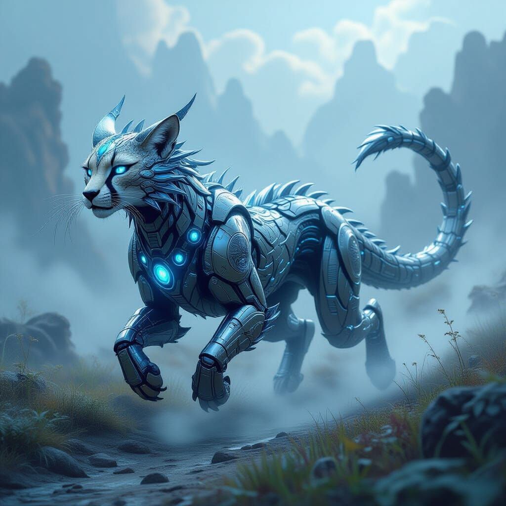Mechanical Dragon-Cheetah Fusion in Ethereal Landscape