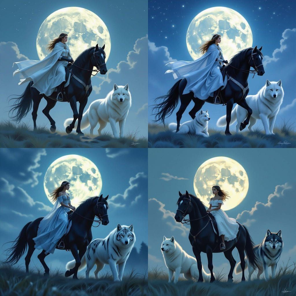 Girl Rides Stallion with Wolf and Tiger in Moonlight