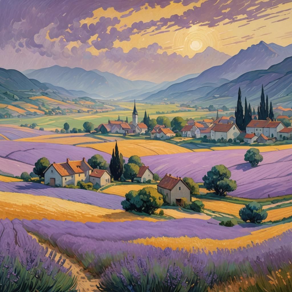 Lavender Field Landscape Painting in Impressionist Style