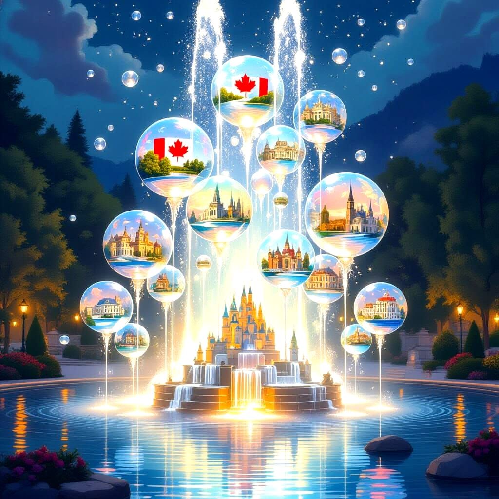 Landscapes in Bubbles Floating from a Fountain