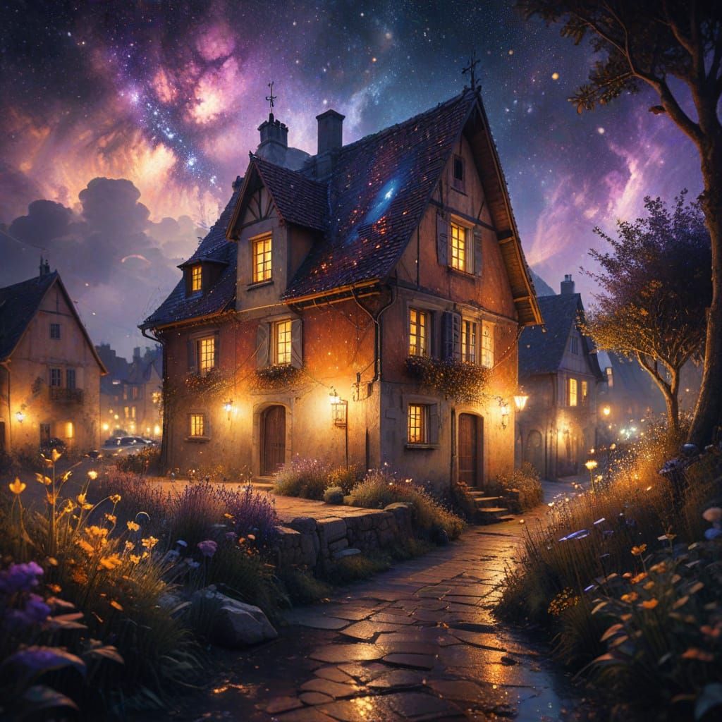 Medieval Village Digital Watercolor with Ethereal Stardust