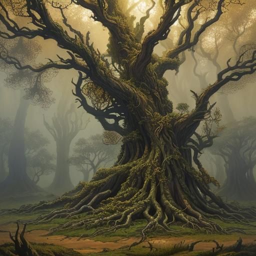 Mystical Twisted Tree in Golden Light