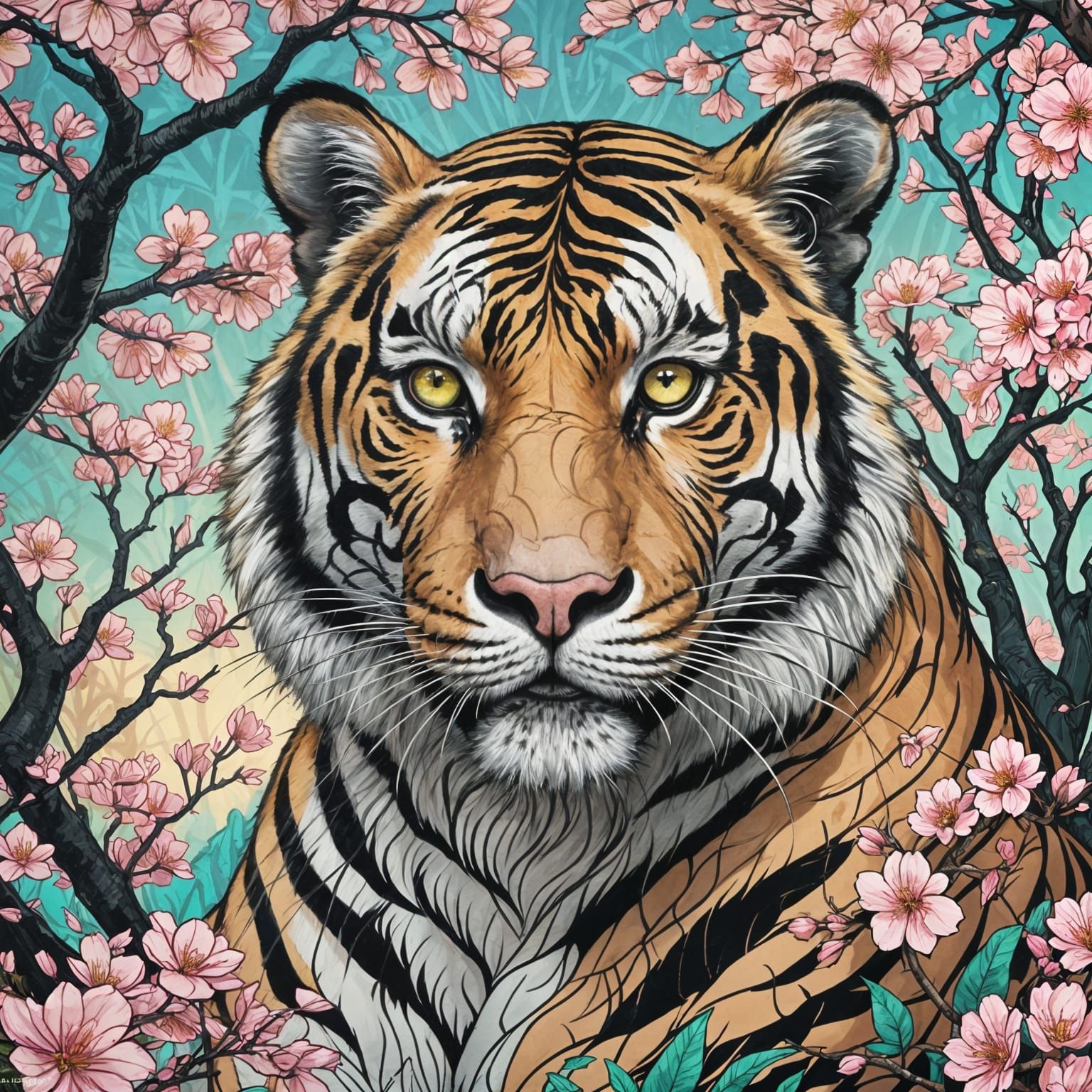 Pink-Eyed Tiger in Cherry Blossoms: Hyperdetailed Portrait