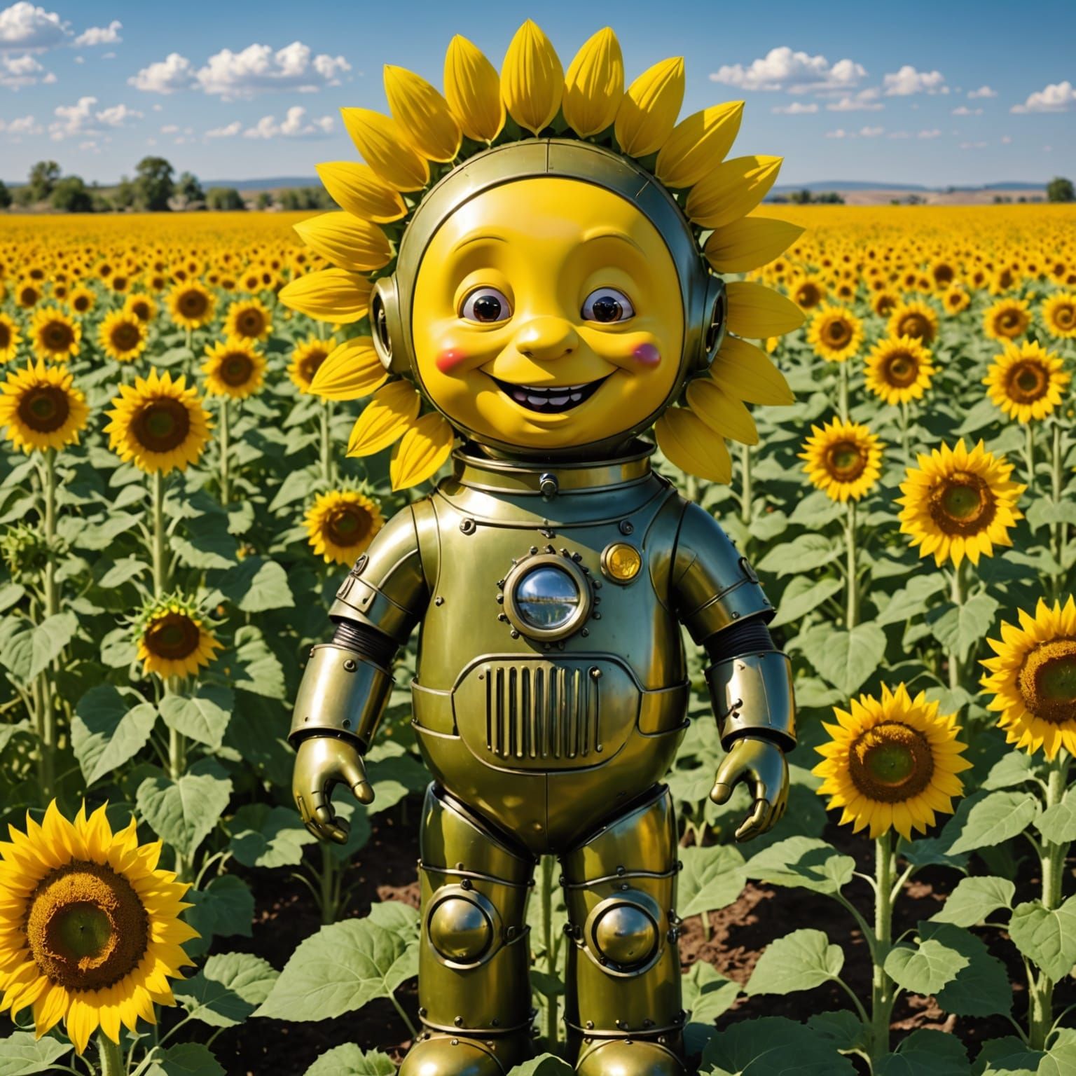 Smiling Teletubbies in Sunflower Field, Steampunk Touch