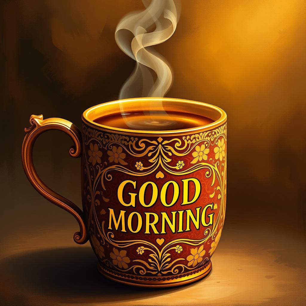 Ornate Coffee Mug with Steam in Whimsical Style
