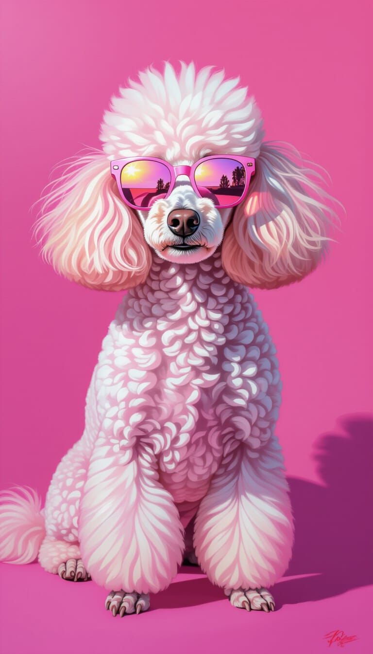 Fine Art Portrait of Pink-Haired Poodle in Mirrored Sunglass...