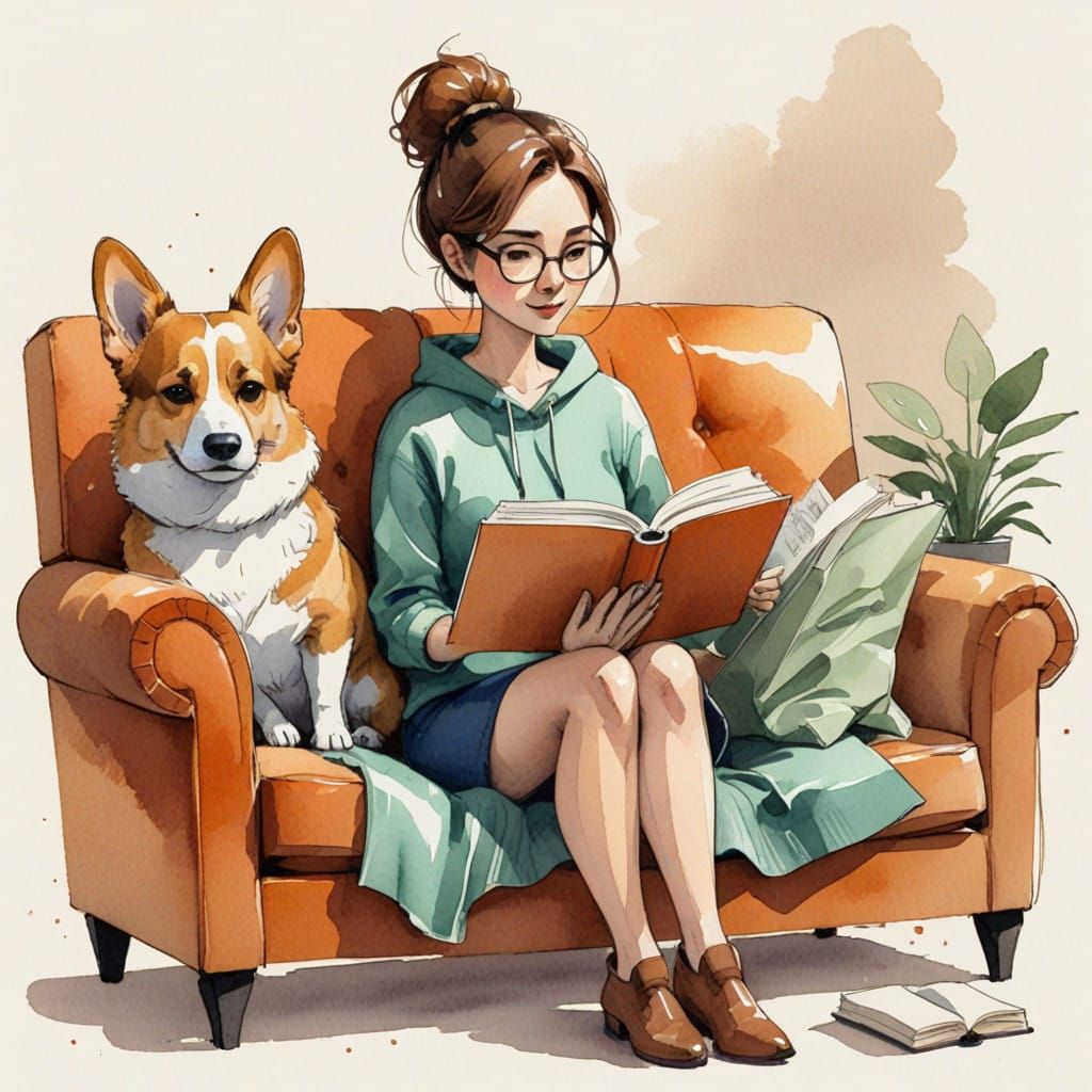Whimsical Woman Reads with Corgi Companion