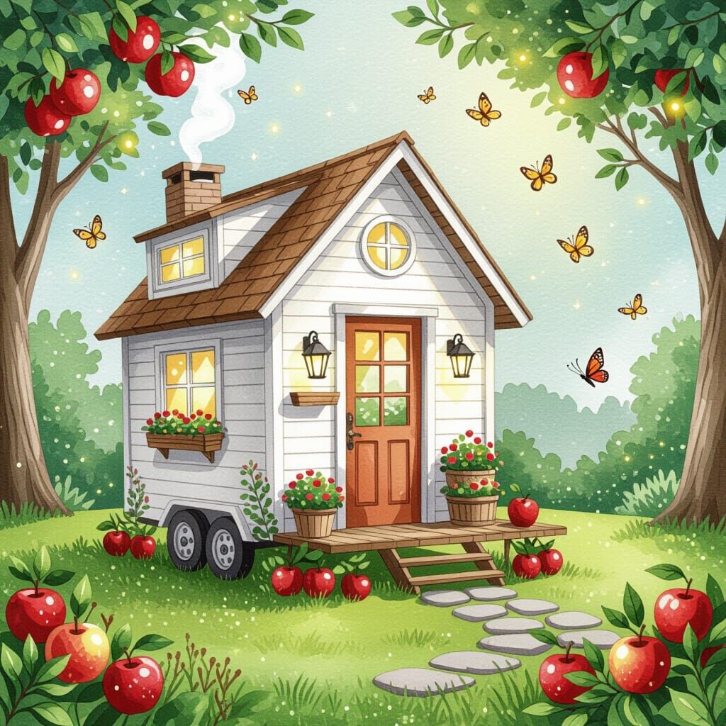 Fairy Tiny House with Apples and Fireflies in Watercolor