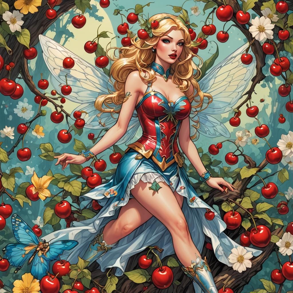 Fantastical Cherry Fairy in Pin-Up Style