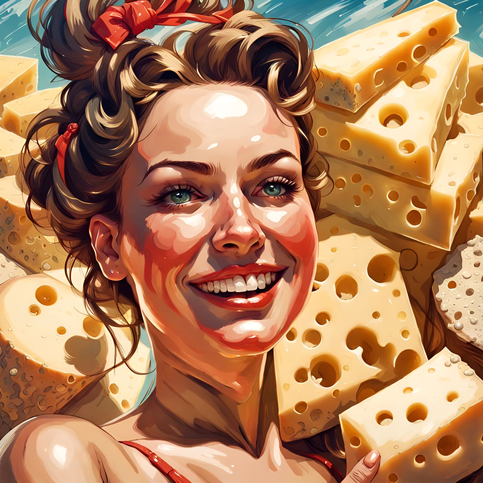 Smiling Woman in Brie Cheese Bikini, Pin-Up Art