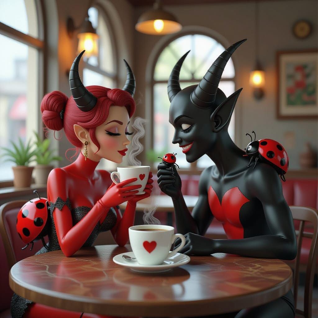 Cartoon Devil Sips Coffee Amidst Whimsical Cafe Scene