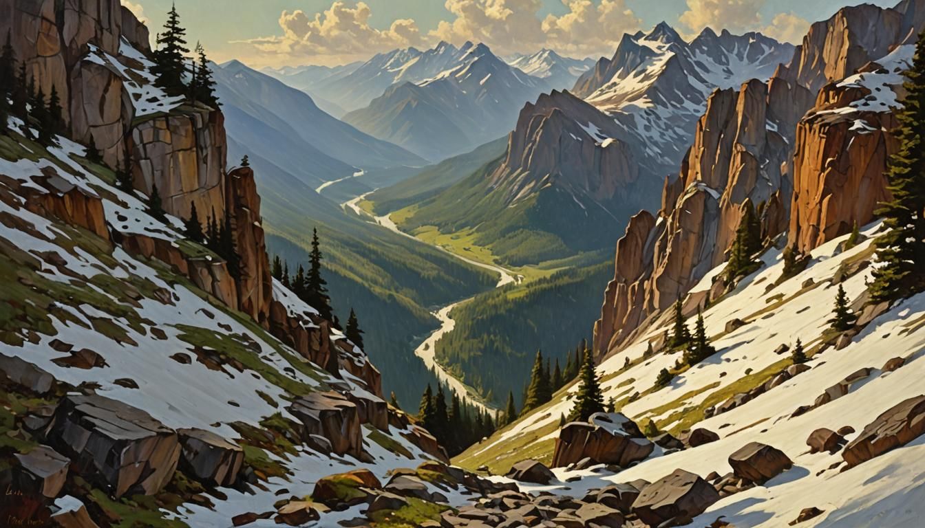 Retro Mountainscape Oil Painting