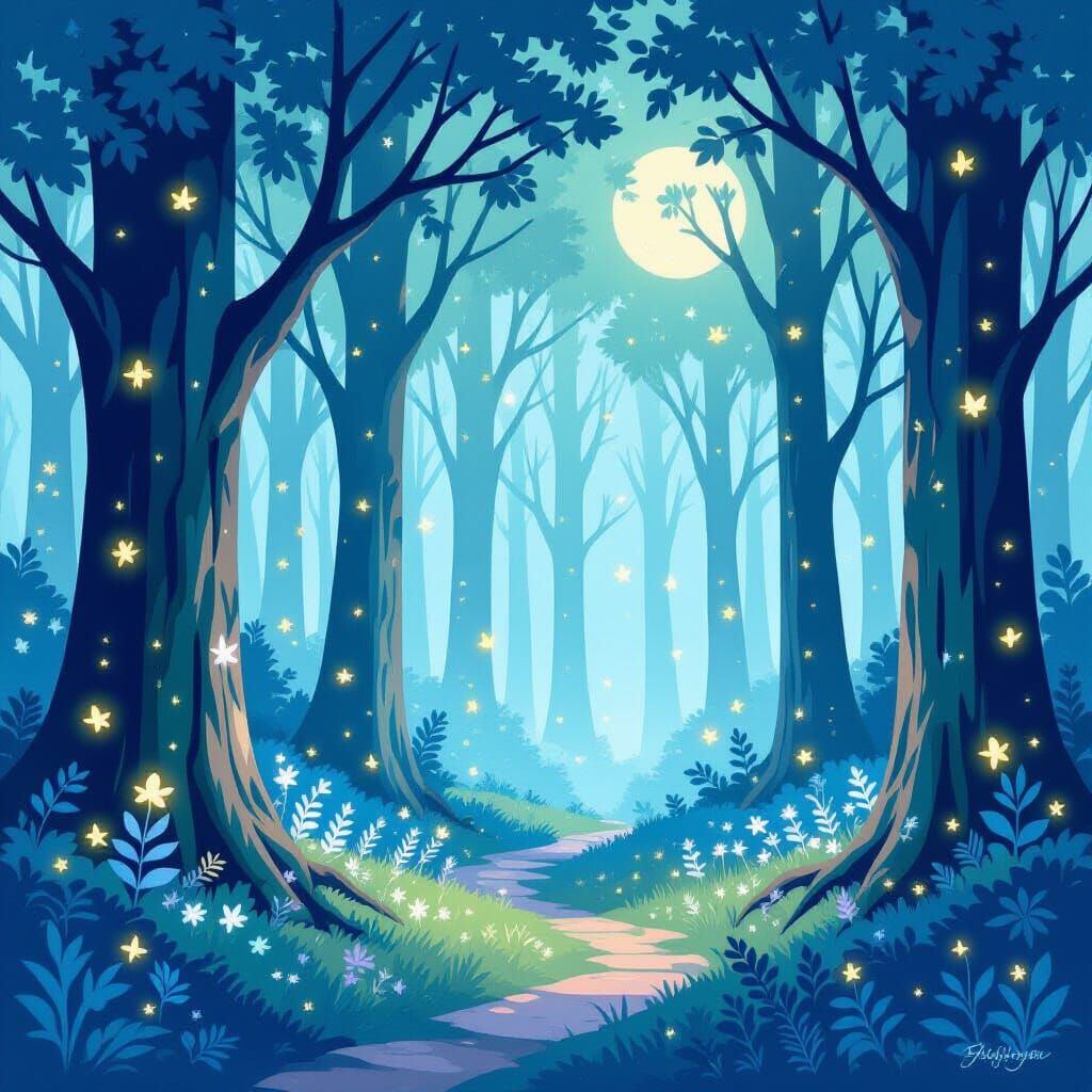 Bioluminescent Paper Forest with Glowing Fireflies