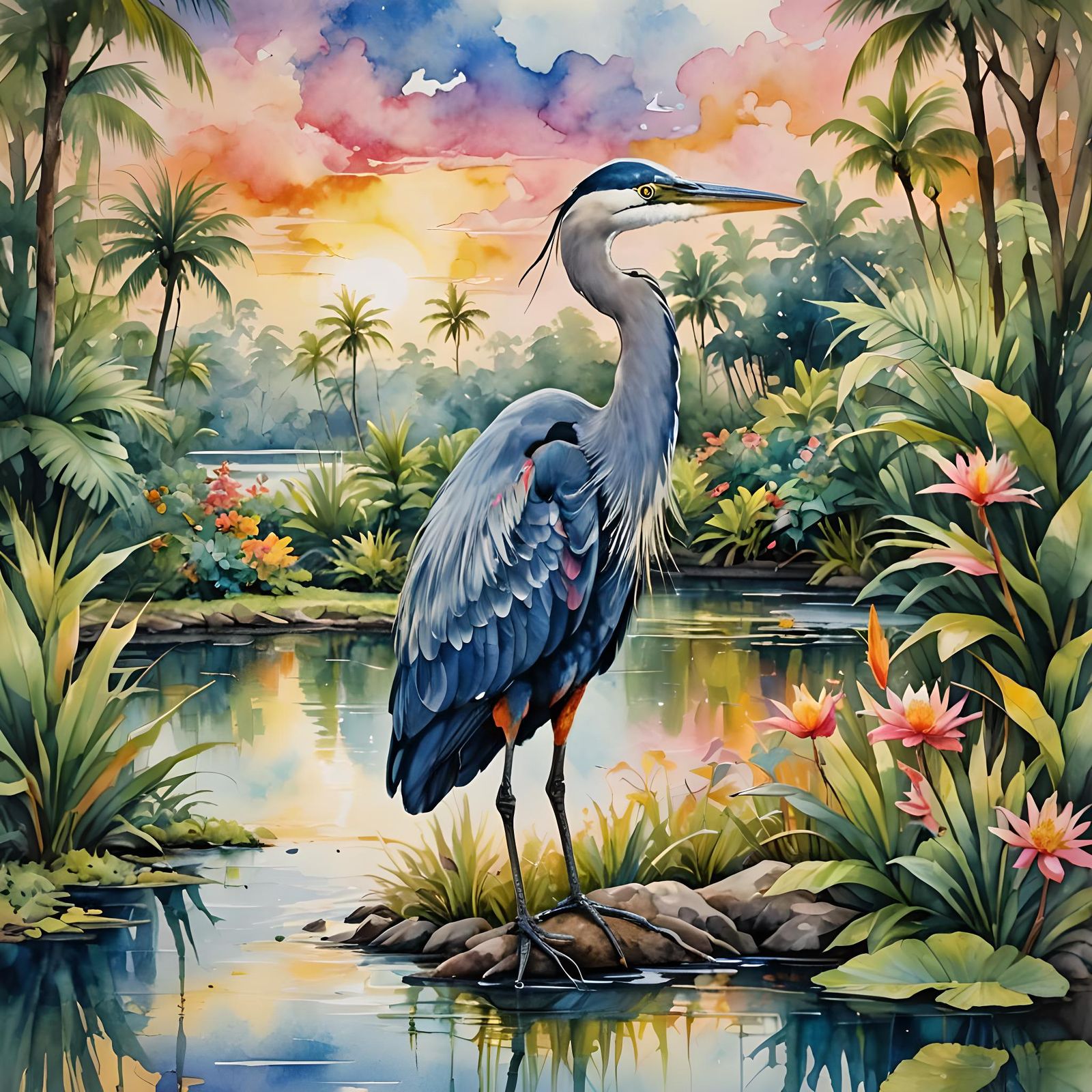 Watercolor Blue Heron in Tropical Landscape