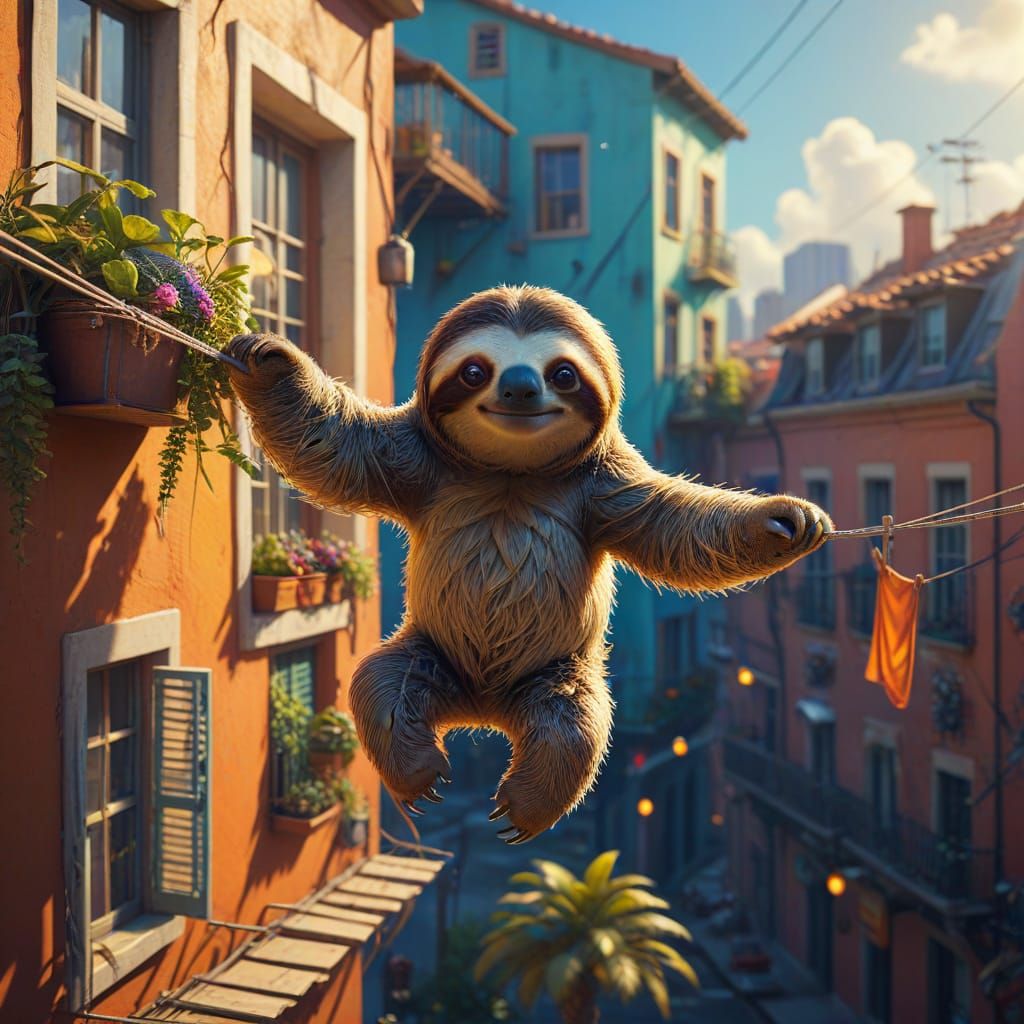 Surreal Sloth Balancing on Clotheslines Between City Balconi...