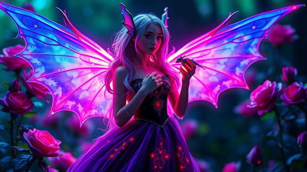 Iridescent Fairy Emerges from Mystical Garden