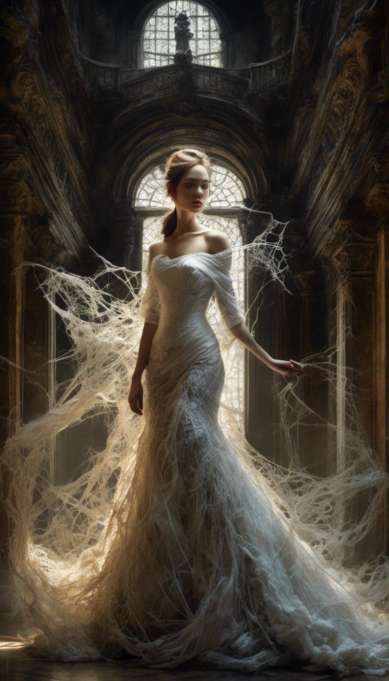 Woman in Spiderweb Dress, Mixed-Media Painting