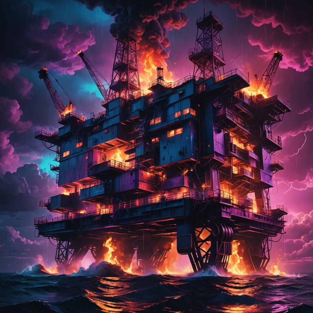 Synthwave Oil Rig Inferno in Neon Noir Style