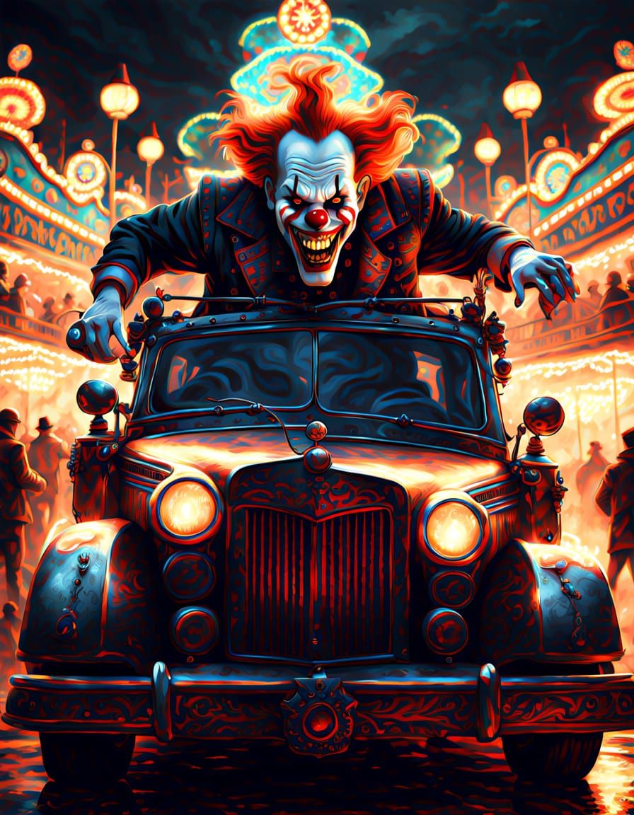 Menacing Clown Drives Bizarre Car Through Dark Fantasy Carni...