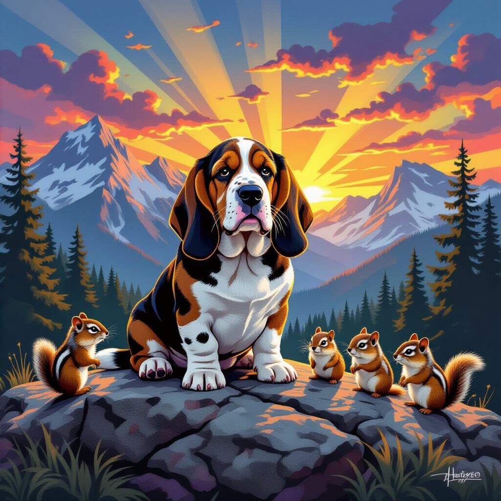 Bassett Hound Portrait with Chipmunks at Sunset