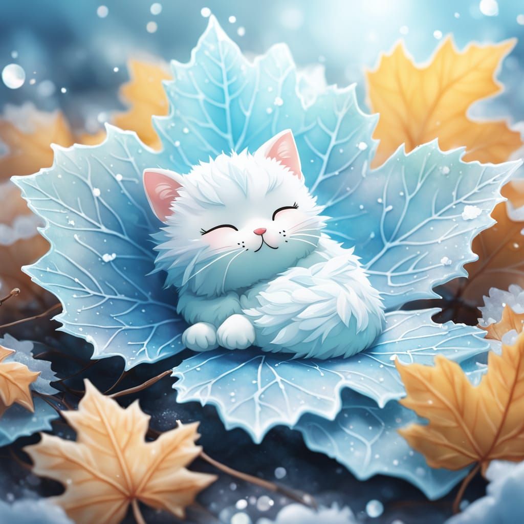 Whimsical Cat Inside Icy Maple Leaf in Fairy-Tale Style