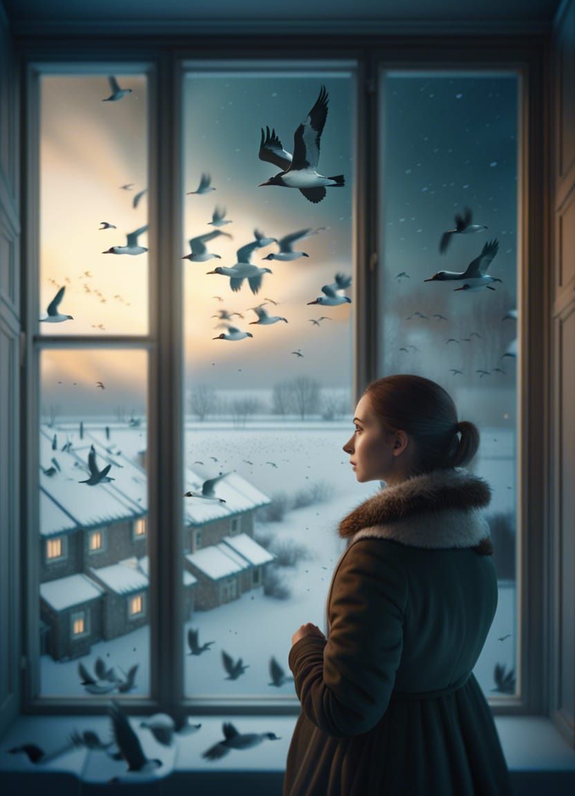 Girl Watching Geese in Snowy Sky: Realistic Photo