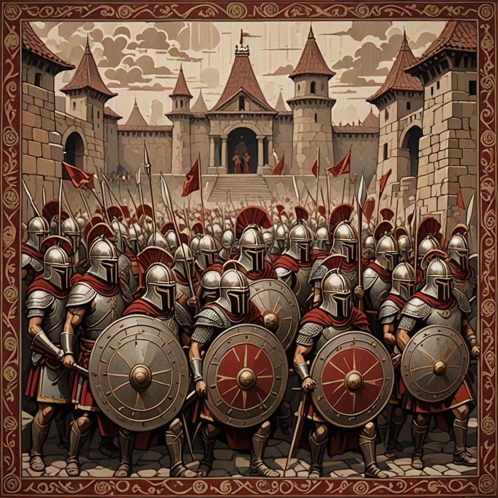 Spartan Warriors Training in Stylized Tapestry Art