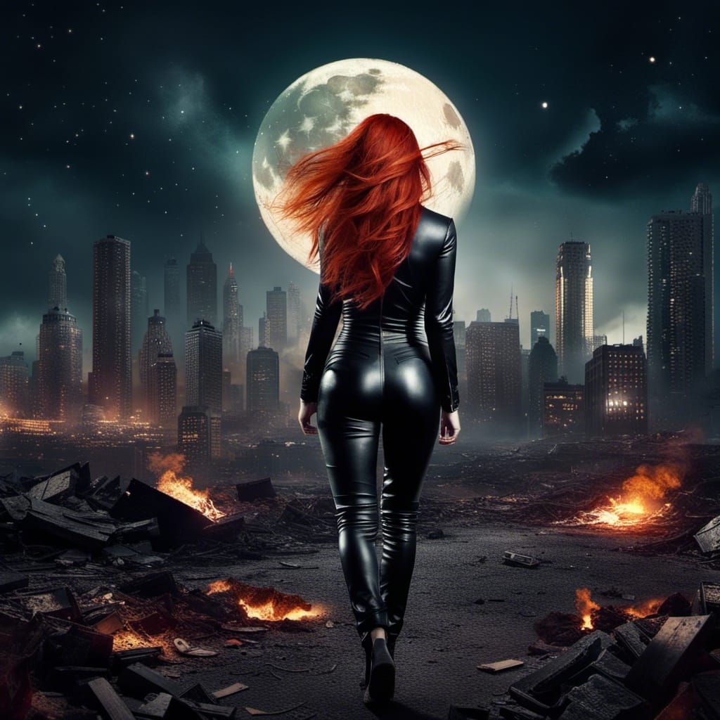 Woman Escapes Burning City at Night