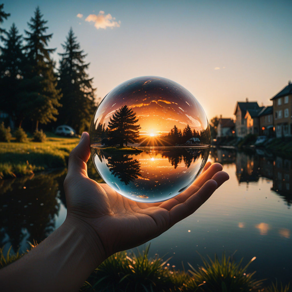 Surreal Sunset Sphere in a Hand: Hyperrealistic Optical Illu...
