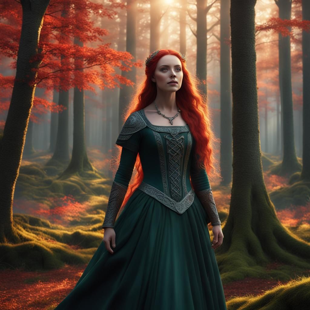 Celtic Woman in Maple Forest Sunrise, 8K
