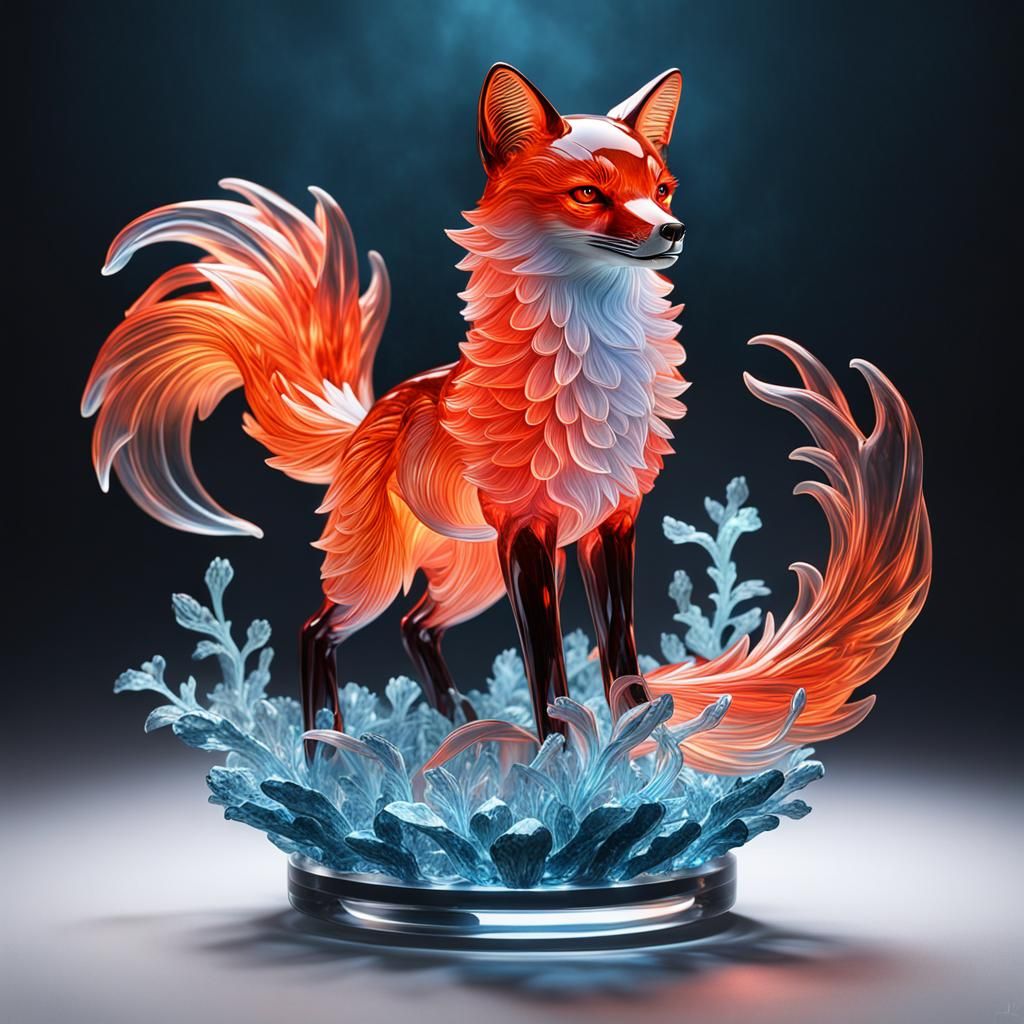 Bioluminescent Nine-Tailed Fox in Vermilion Crystal