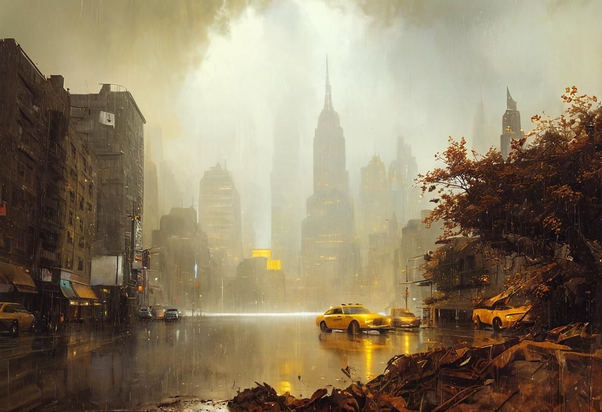 Futuristic Cityscape with Yellow Cab in Dreamcore Style